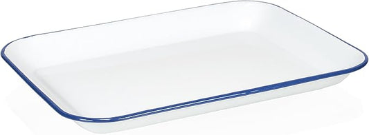 Red Co. 13.5” x 10” Enamelware Metal Classic 1.6-Quart Rectangular Serving Tray, Solid White/Navy Blue Rim