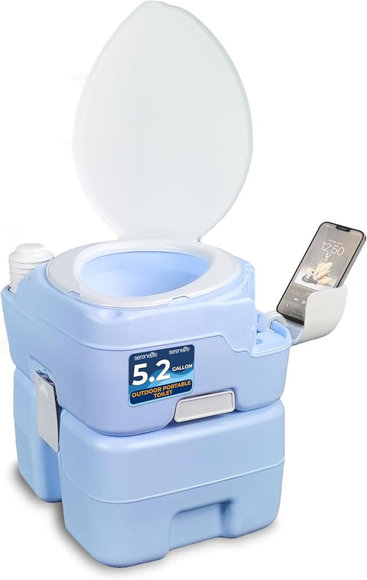 SereneLife 5.2 Gallon Portable Camping Toilet, 120 Flushes with Plastic Funnel, Hand Spray, Diagonal Seat and Mobile Holder, Portable Potty for Camping, Hiking, Roadtrip, Car, Tent