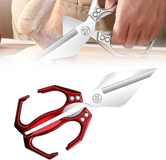 Seattleget Multifunctional Heavy-Duty Kitchen Shears, Ergonomic Heavy-Duty Kitchen Scissors, Household Food Scissors, Suitable for Cutting Meat, Seafood and Small Bones (Red)