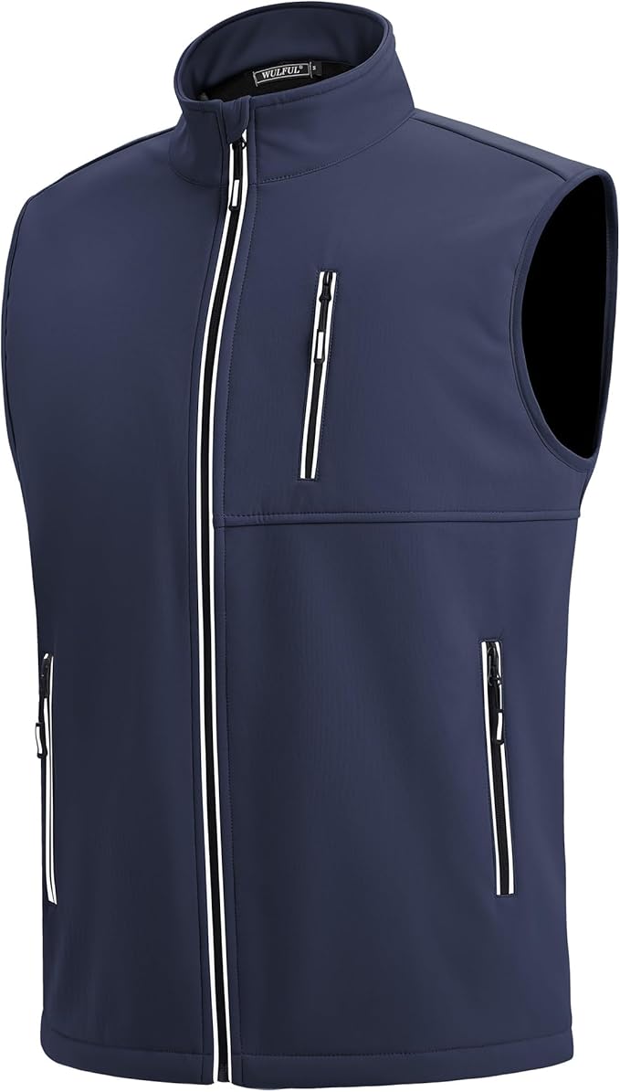 WULFUL Men's Windproof Lightweight Golf Vest Outerwear with Pockets, Softshell Sleeveless Jacket for Travel Hiking Running