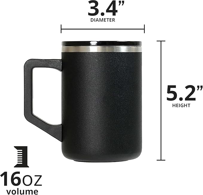 Elemental Insulated Coffee Mug - Triple-Wall Stainless Steel Summit Travel Cup for Hot and Cold Drinks - Thermal Coffee Mug with Lid and Handle for Camping, Office & Travel 16oz - Black