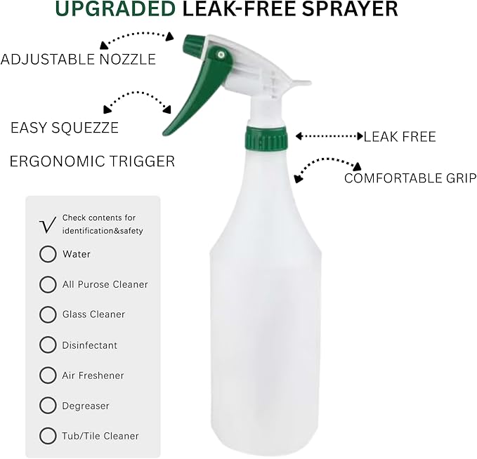 (3 Pack) Plastic Spray Bottle 32 Oz | All-Purpose HDPE Spraying Bottles Leak Proof Mist Empty Water Sprayer for Cleaning Solution, Oils, Hair, Planting, Pet with Adjustable Nozzle - White/Green