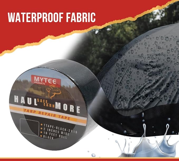 Mytee Products 8.8 oz Waterproof Black Vinyl Tarp Repair Tape 2 Inch x 16 FT with Heavy Duty Adhesive Backing - Tarp Patch Kit, Tarp Repair Kit