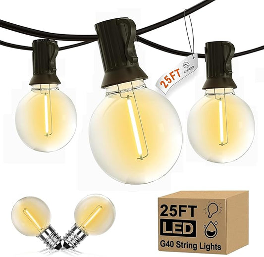 Abeja Outdoor String Lights, 25Ft G40 Globe LED Patio Lights with 27 Edison Plastic Bulbs(2 Spare), Hanging Patio String Lights for Backyard Porch Balcony Party Decor, E12 Socket Base, Black