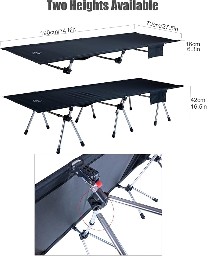 iClimb Super Easy Assemble Folding Cot Ultralight Compact Heavy Duty with Carry Bag for Adults Camping Backpacking (Black, Two Heights)