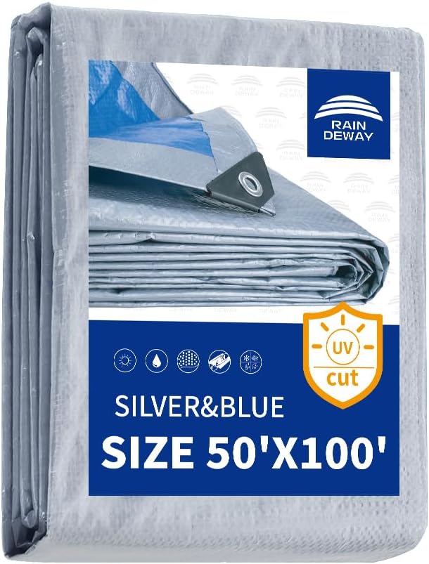 RAINDEWAY Large Tarps 50x100 Feet, 5.5 Mil - Multipurpose Waterproof Poly Tarp Cover with Metal Grommets and Reinforced Edges, Silver/Blue Tarp