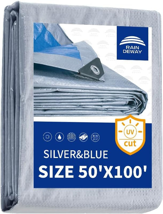 RAINDEWAY Large Tarps 50x100 Feet, 5.5 Mil - Multipurpose Waterproof Poly Tarp Cover with Metal Grommets and Reinforced Edges, Silver/Blue Tarp
