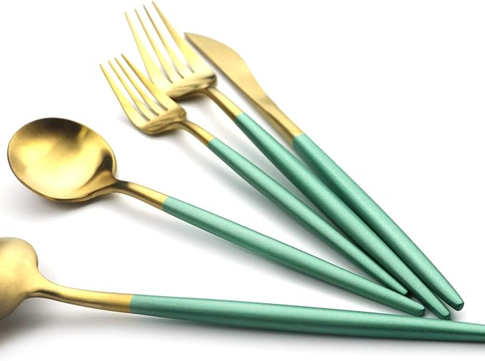 Gugrida Green Gold Flatware, Royal 20 Pieces Matte White Handle 18/10 Stainless Steel Tableware Sets for 4 Including Forks Spoons Knives, Camping Silverware Travel Utensils Set Cutlery (Green Gold)