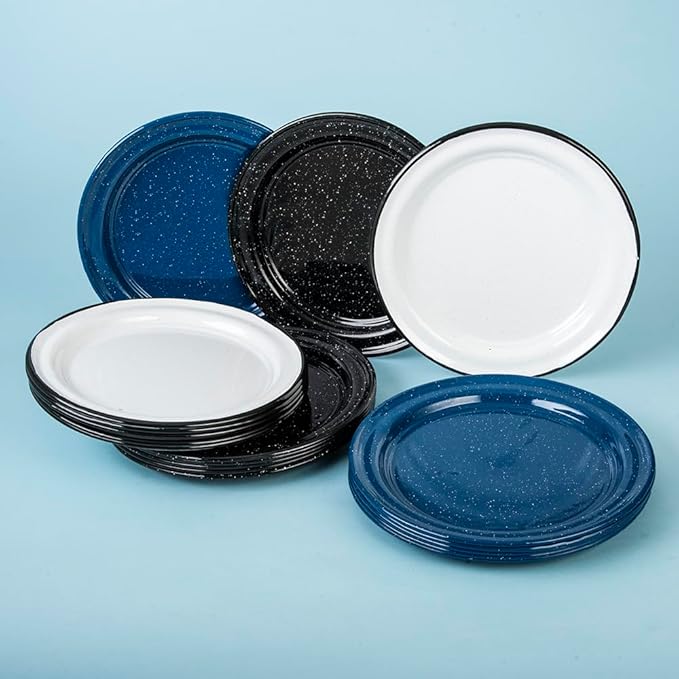 Cinsa 10-Inch Enameled Steel Dinner Plate Set, Set of 6 Dishwasher Safe Dinnerware, Rustic & Elegant - Durable for Everyday Use, Camping, Farmhouse Kitchens, Oven & Fire-Safe (Speckled Black)