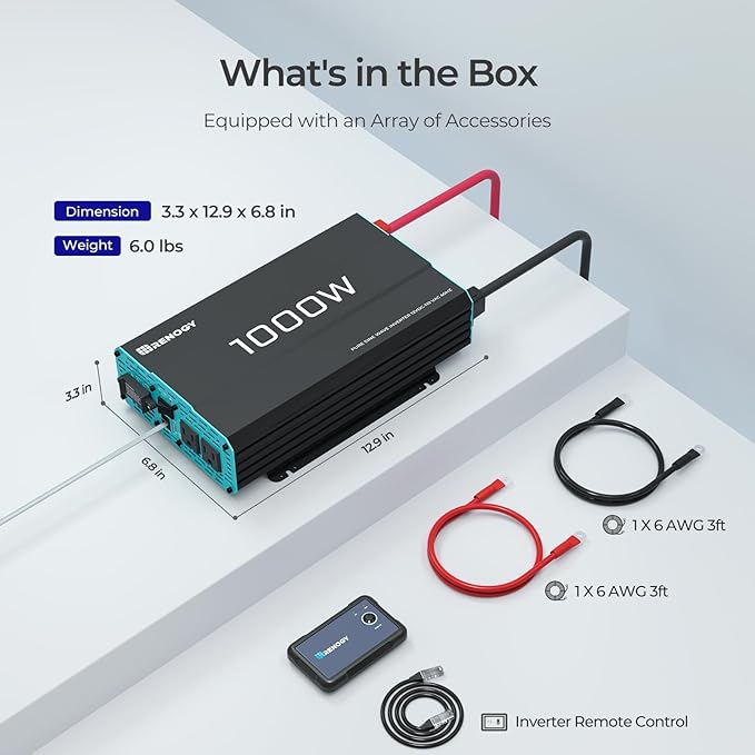 Renogy 1000W Pure Sine Wave Inverter 12V DC to 120V AC Converter for Home, RV, Truck, Off-Grid Solar Power 110V with Built-in 5V/2.1A USB Port, Hardwire Remote Controller