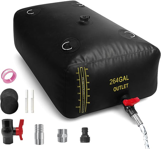 1000L/264Gal Water Bladder with Water Level Indicator, PVC Foldable and Portable Water Tank with 3 Connectors and Overflow Kit, Ideal for RV, Camping, Rainwater Collecting,Planting Watering
