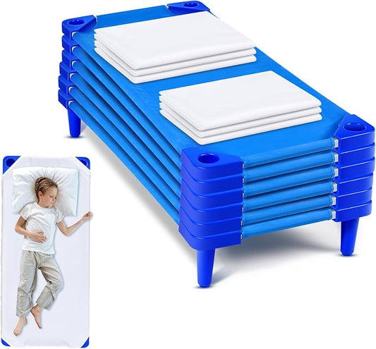 12 Pcs Stackable Daycare Cots for Kids with Sheets 54 l x 23 W T Kids Cots Furniture Bed Frames Headboards Footboards for Sleeping and Daycare (Blue)