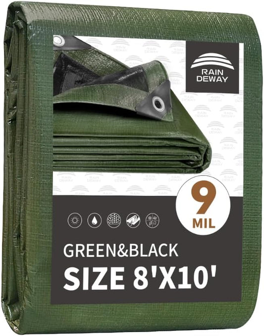 RAINDEWAY Tarps 8x10 Feet,Tarp Waterproof,9Mil Thick,Finished Size,Multipurpose Poly Tarp Cover with Metal Grommets and Reinforced Edges,Green/Black Tarpaulin