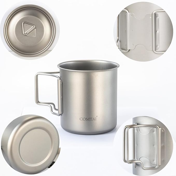 Titanium Camping Pot Mug 15oz (420ml) with Lid and Foldable Handle – Ultralight Camping Cup for Hiking, Backpacking, Outdoor Cooking, Silver