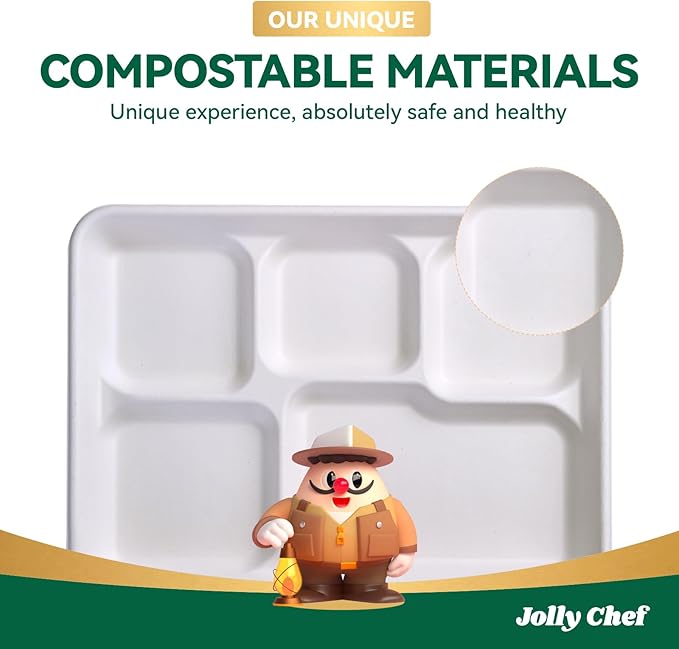 JOLLY CHEF Compostable 𝟱 Compartment Paper Plates 𝟭𝟭 * 𝟴 𝗶𝗻𝗰𝗵 [𝟱𝟬𝟬 𝗣𝗮𝗰𝗸] Heavy Duty White Divided Disposable Plate Eco-Friendly Biodegradable Container Food Trays for Party Lunch Buffet