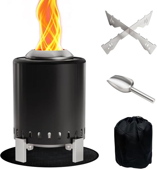 Mini Smokeless Tabletop Fire Pit with Pan Stand, Portable Stainless Steel Firepit Stove for Camping, Burns Pellets or Wood, Includes Travel Bag, Black