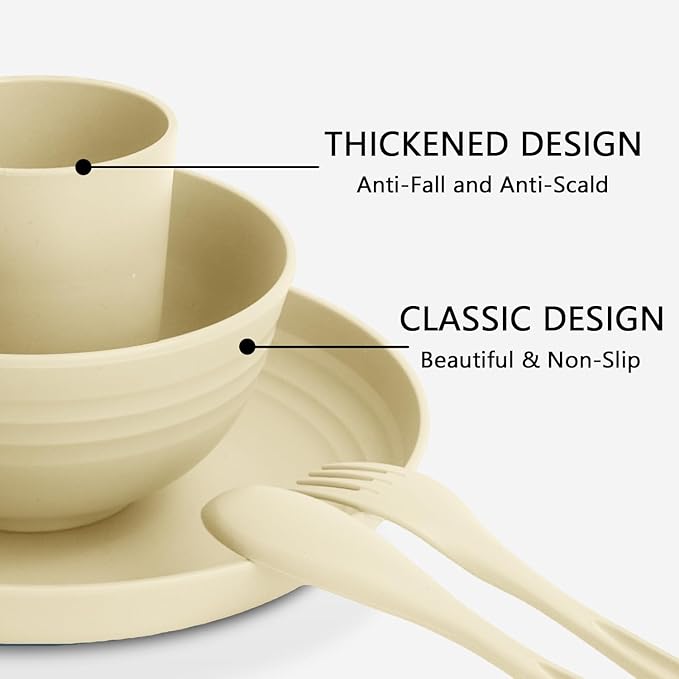 Wheat Straw Dinnerware Sets for 4 | Unbreakable Toddler Plates and Bowls Sets 20 PCS, Kids Dinner Plates, Cups, Microwave Safe Plastic Dishes Set for Kitchen, Dorm, Camping (Beige)