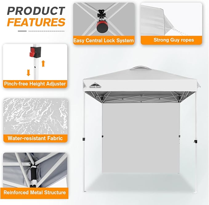 EAGLE PEAK Pop Up Canopy Tent with 1 Sidewall, Easy Setup Event Tent, Outdoor Sun Shade, Wheeled Carry Bag, Stakes and Guy Ropes, Instant Canopy 6.6x6.6, White