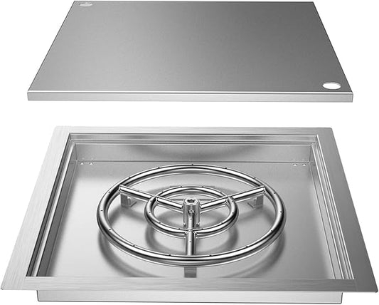 Skyflame 18 inch Square Stainless Steel Drop in Fire Pit Burner Pan with Burner Ring and Protective Cover