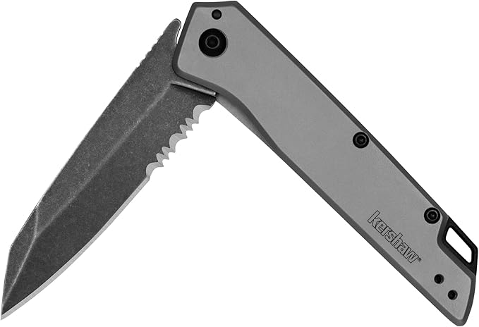 Kershaw Grid Folding Pocket Knife, 3.7 inch Black Serrated Blade, Steel Handle, Pocketclip & Misdirect Pocketknife; 2.9 in. 4Cr13 Serrated Black-Oxide Blackwash Finish Blade