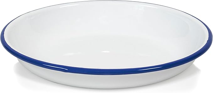Red Co. Set of 4 Enamelware Metal 10” Round Camping Plates, Solid White/Navy Blue Rim
