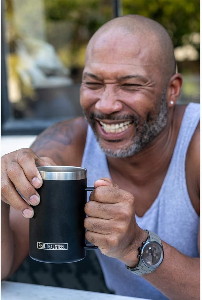 Insulated Mug with Handle and Lid - Stainless Steel Vacuum Coffee Cup, Set of 2, 20 oz - Large Double Wall Coffee or Tea Cup, Thermal Camping Mug Keeps Drinks Hot, Beer Mug That Keeps Beer Cold
