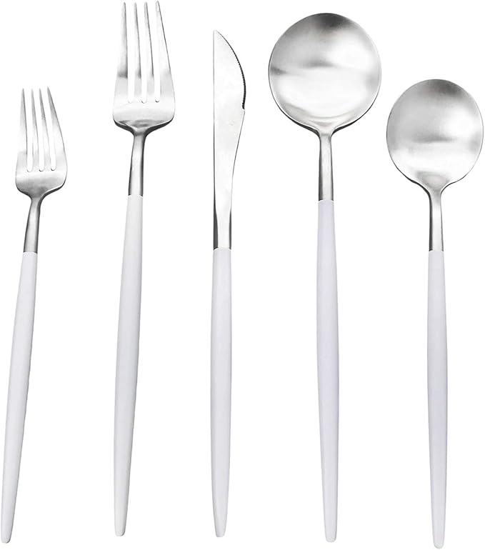 Gugrida White Silver Flatware, Royal 20-Piece Matte White Handle 18/10 Stainless Steel Tableware Sets for 4 Including Forks Spoons Knives, Camping Silverware Travel Utensils Set Cutlery (White Silver)