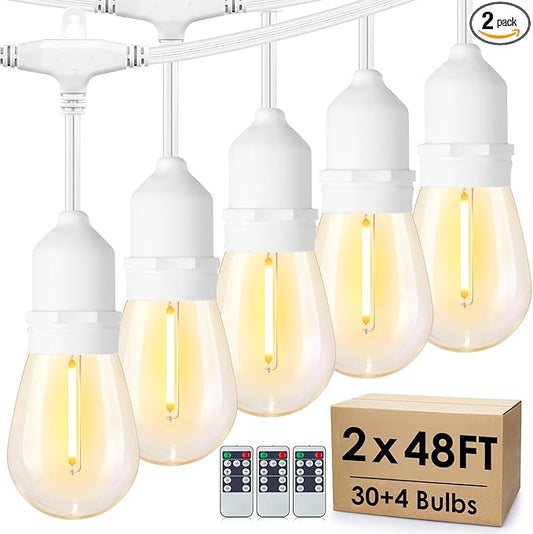 96FT(2 * 48FT) Outdoor String Lights with Remote, Dimmable Patio Lights with 30+4 3 Modes 4 Timers LED Bulbs for Deck Gazebo, White 2 Pack