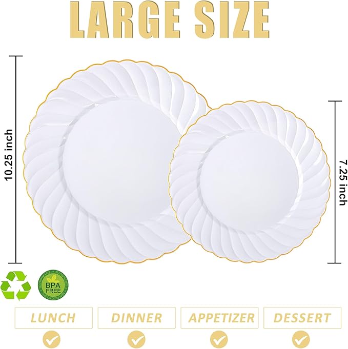 U-QE 60 Pcs White Plastic Plates with Gold Trim – Scalloped Plastic Plates Heavy Duty - Include 30 10.25" Dinner & 30 7.25" Dessert Plate – Perfect for Weddings, Bridal Showers and Party