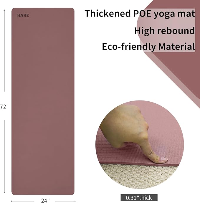 HAHE Yoga Mat Thick (8MM,1/3"), Eco-Friendly POE Non Slip Yoga Mat, High Rebound & Shock Absorption, Anti-Tear & Sweat-Resistant for Yoga, Fitness, Home, Workouts, Large Pilates Mats 72"x24" with Carrying Strap