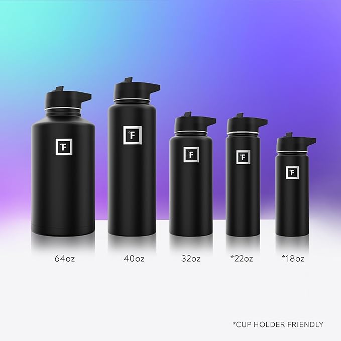 IRON °FLASK Camping & Hiking Hydration Flask with 3 Lids - Stainless Steel, Double Walled & Vacuum Insulated Water Bottle - Leak Proof & BPA Free (Midnight Black, Straw - 40 oz)