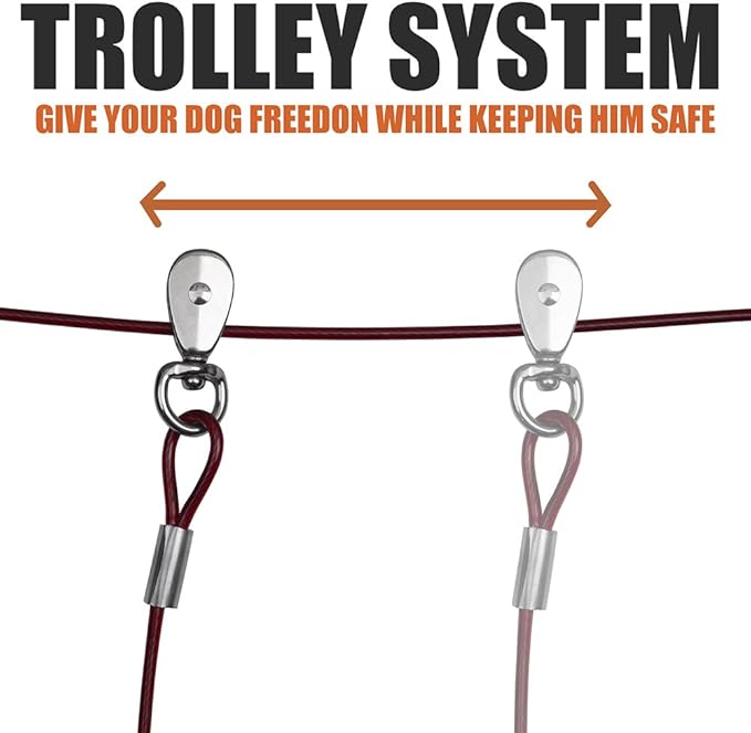 BV Dog Tie Out Trolley System for Yard - 60ft Dog Run Cable with 10ft Pulley Runner Lead - Heavy Duty Reflective Cable for Dogs up to 125 lbs, Rust-Resistant & Tangle-Free Outdoor Runner