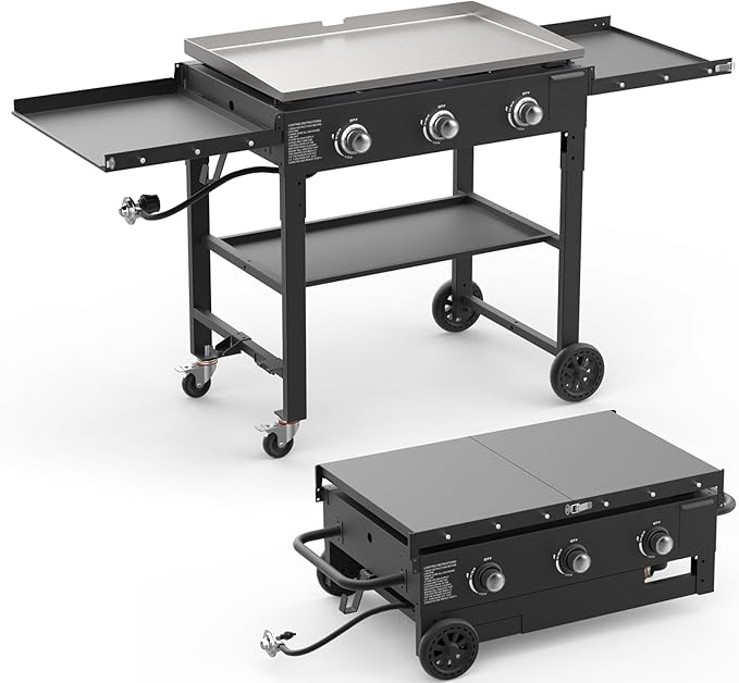 3 Burner Foldable Gas Griddle, 32 Inch Stainless Steel Portable Detachable Propane Griddle, 45,000 BTU Flat Top Barbecue Grill with Side Shelves for Camping