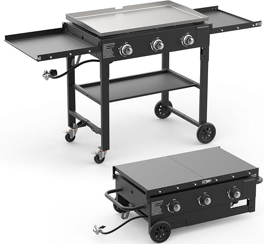 3 Burner Foldable Gas Griddle, 32 Inch Stainless Steel Portable Detachable Propane Griddle, 45,000 BTU Flat Top Barbecue Grill with Side Shelves for Camping