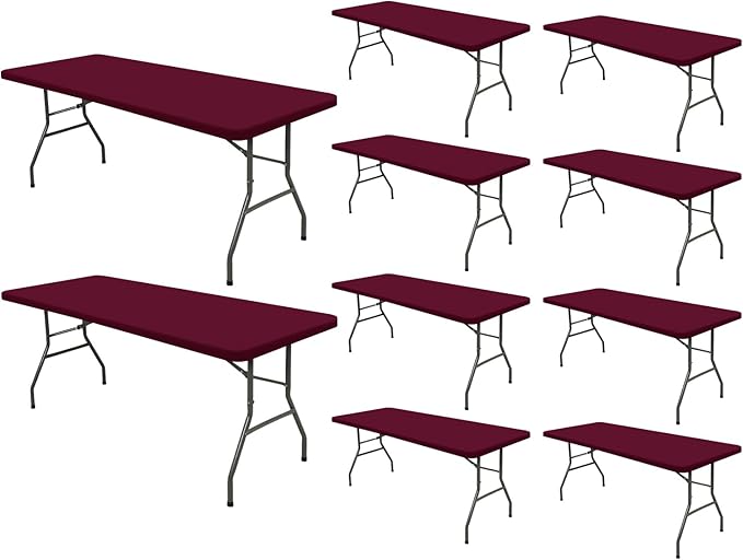 8 Foot Picnic Table Cover Fitted 10 Pack Elastic Tablecloth for Rectangle Tables Waterproof Stretch Washable Folding Indoor Outdoor Spandex Table Cloth for Parties Banquet Camping (Wine Red,30" x 96")
