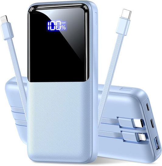 Portable Charger Power Bank - 20000mAh Fast Charging Portable Battery Pack with Built in USB-C(22.5W) and iOS(20W) Output Cables Compatible with iPhone Android Samsung Phone etc (1 Pack, Blue)