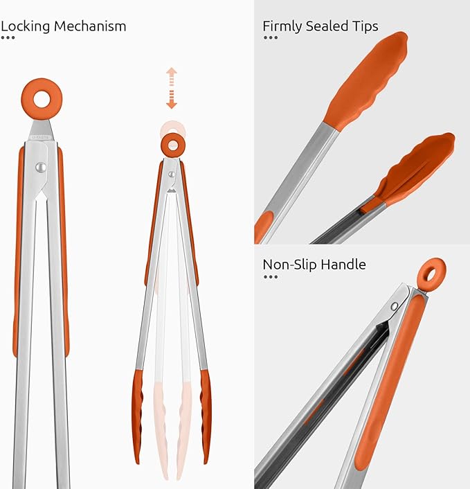 600ºF Heat Resistant Kitchen Tongs: U-Taste 12 inch Large Silicone Cooking Tong with Sturdy Non Stick Rubber Tips & Silicon Coated 18/8 Stainless Steel Handle & Smooth Locking for Serving Grill-Orange