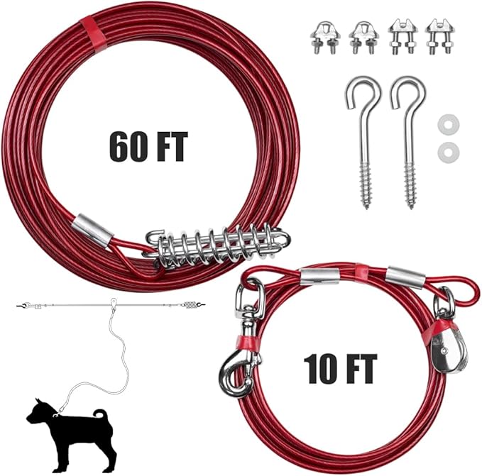 BV Dog Tie Out Trolley System for Yard - 60ft Dog Run Cable with 10ft Pulley Runner Lead - Heavy Duty Reflective Cable for Dogs up to 125 lbs, Rust-Resistant & Tangle-Free Outdoor Runner