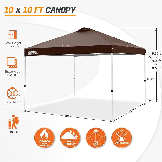 EAGLE PEAK Pop Up Canopy Tent with Wheeled Carry Bag, 8 Stakes, 4 Ropes, 4 Weight Bags, Easy Set Up Tent Canopy, 10x10 ft, 100sqft of Shade,Brown