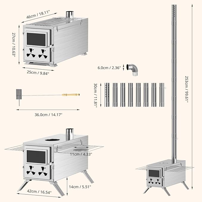 Hot Tent Stove, Camping Wood Stove for Tent, Portable Stainless Steel Wood Burning Stove with 7 Chimney Pipes for Wall Tent Camping, Cooking, Ice Fishing, Hunting, Boiling Water - Large