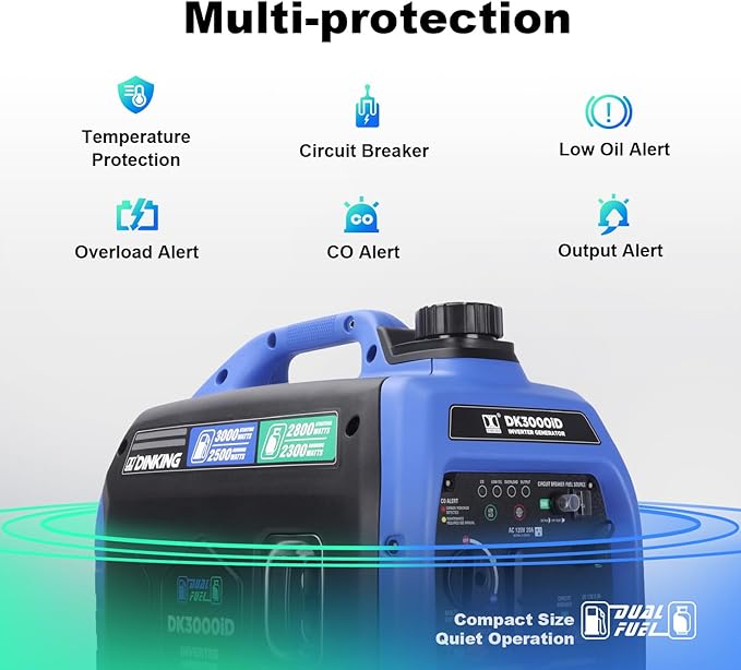 DK 3000W Dual Fuel Inverter Generator, Gas LPG Powered, Quiet Lightweight, Parallel Ready, CO Alert, EPA Compliant, for RV Outdoor Camping Tailgating (DK3000iD）