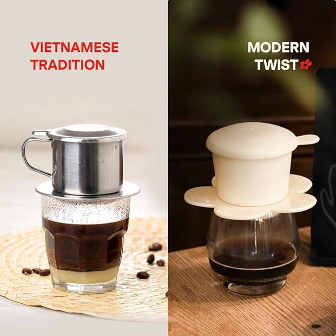 – Vietnamese Coffee Dripper – MIX COLORS – Pour Over Coffee Maker with Flower Design – Reusable Coffee Filter for Sustainable Brewing (Pink + Ivory)