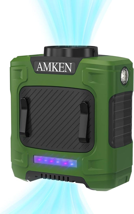 AMKEN Waist Fan - 3-Speed Clip-On Belt Fan, 16000RPM Strong Airflow, 24H Rechargeable Battery (10000mAh), LED SOS & Red-blue Light - Portable Cooling for Jobsite, Camping, Fishing, Outdoor