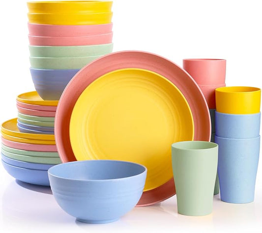 32 pcs Unbreakable Lightweight Wheat Straw Dinnerware Sets for 8, Reusable Kids Plates and Bowls Sets Non Toxic, Microwave and Dishwasher Safe Plastic Dishes Set, Camping RV Picnic Dishes