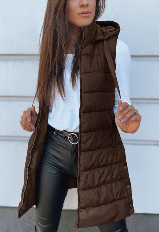 Veatzaer Women Long Vest Solid Color Sleeveless Hood Winter Puffer Vest Outwear