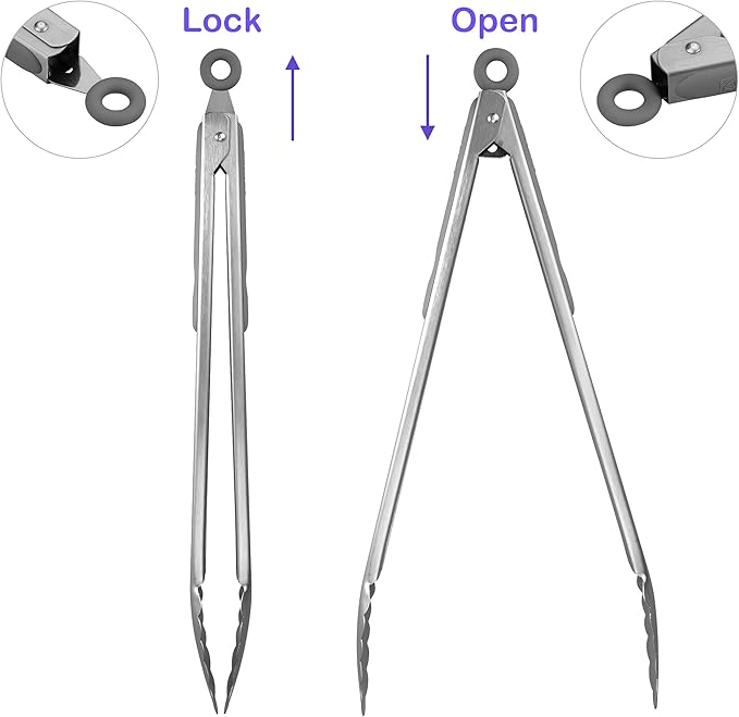 304 Stainless Steel Kitchen Cooking Tongs, 14" and 16" Set of 2 Sturdy Grilling Barbeque Brushed Locking Food Tongs with Ergonomic Grip, Grey