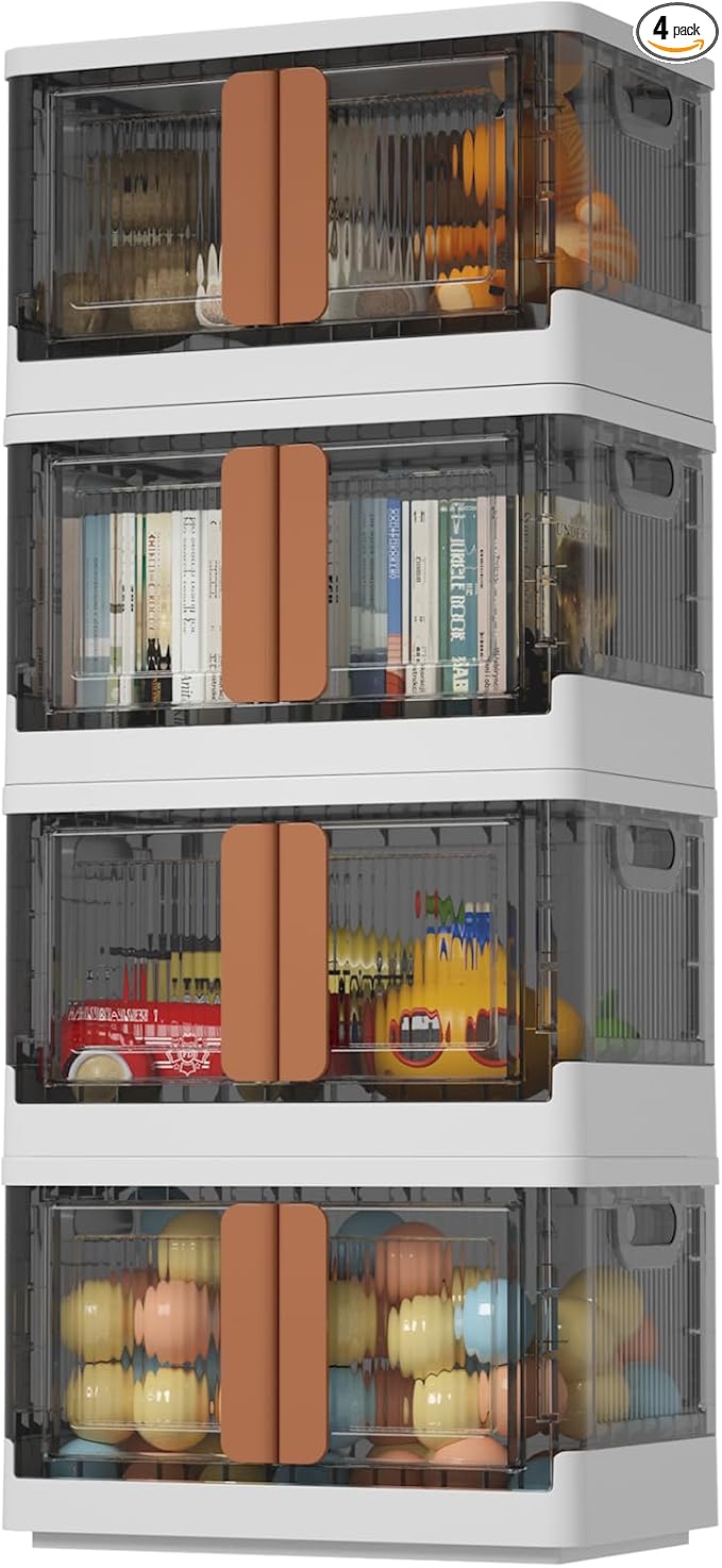 HAIXIN Plastic Storage Containers, Stackable Closet Organizers and Storage, Folding Bookshelf for Bedroom, 8.4 Gal Collapsible Laundry Organizer, 4 Pack