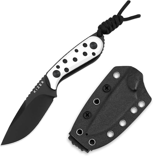 Kizer Buddy Fixed Blade Knife, 3" Nitro-V Steel Camping Knife with Black & White G10 Handle, Compact EDC Fixed Blade Knives with Sheath for Hiking & Camping 1081A3