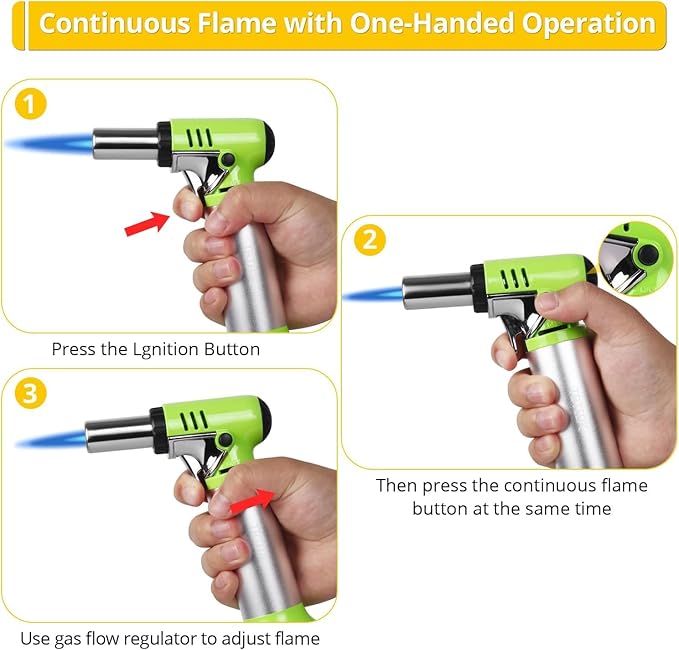 TBTeek Butane Torch, One-hand Operation Kitchen Torch with Adjustable Flame for Grilling, Baking and Soldering (Excluding Butane Gas), Green
