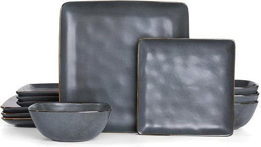 Famiware Dinnerware Sets for 4, Ocean Square 12-Piece Kitchen Plates and Bowls Sets, Microwave and Dishwasher Safe, Scratch Resistant, Matte Black